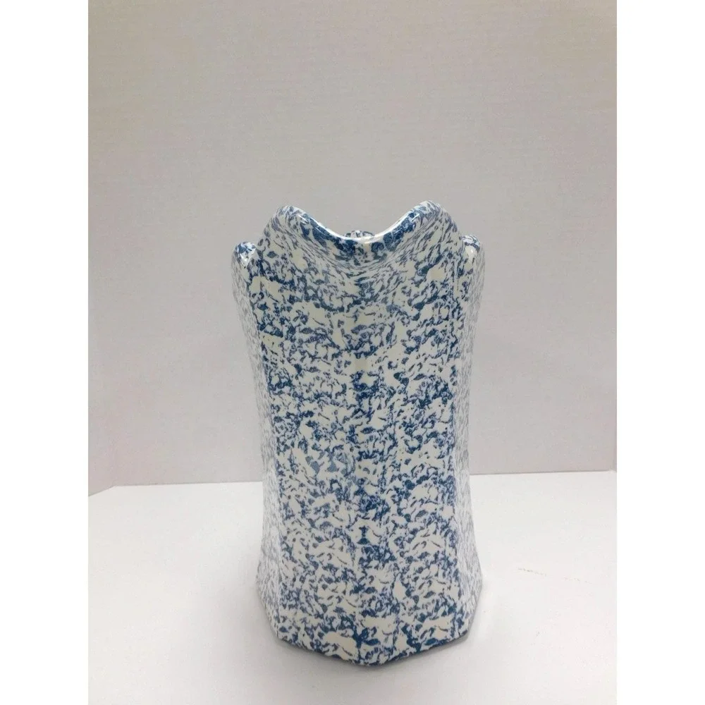 Vtg McCoy Blue and White Sponge Splatter ware Ceramic Pitcher Scalloped Edge DW8